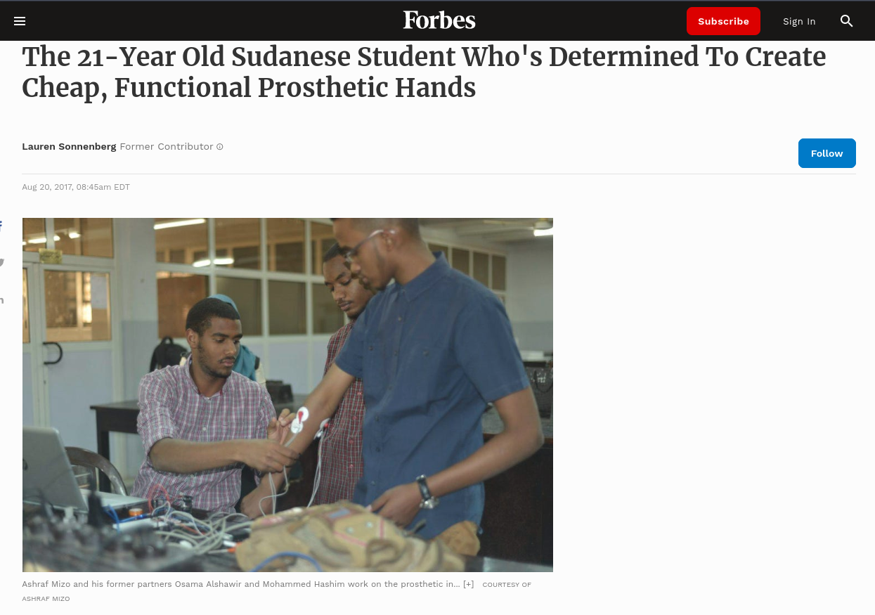 Member of the team that invented a low-cost prosthetic arm